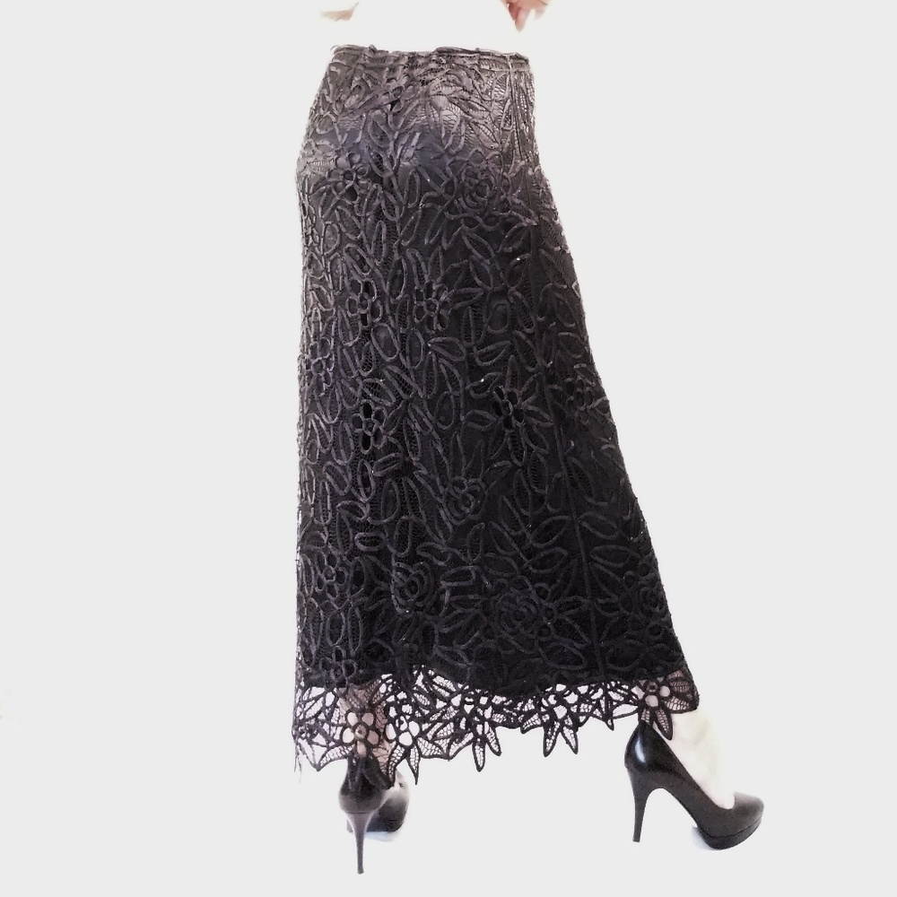 Vintage Black Crochet Silk Beaded Lace Skirt - Picture 2 of 8